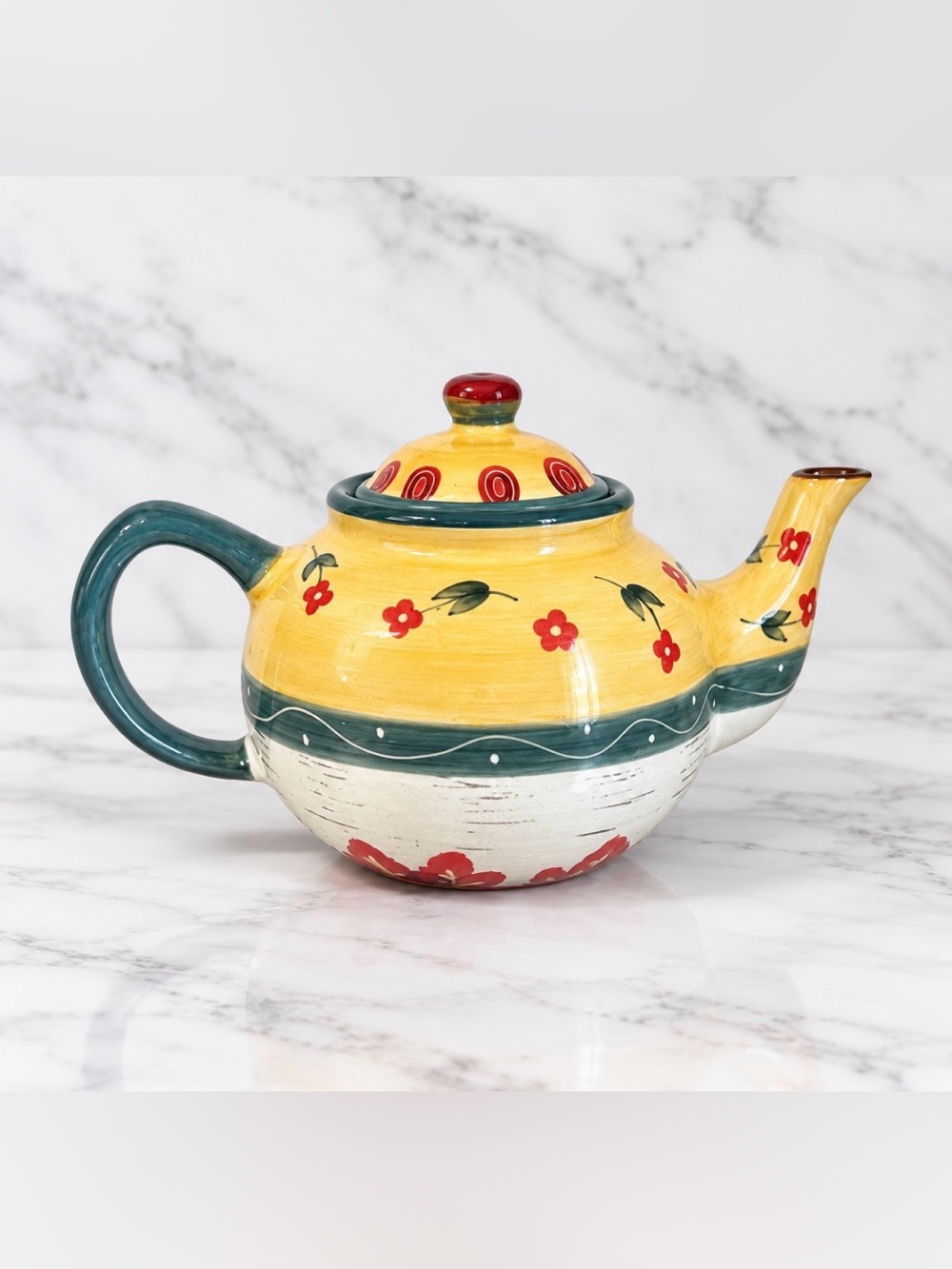 Vintage hand Painted red clay folk art teapot
